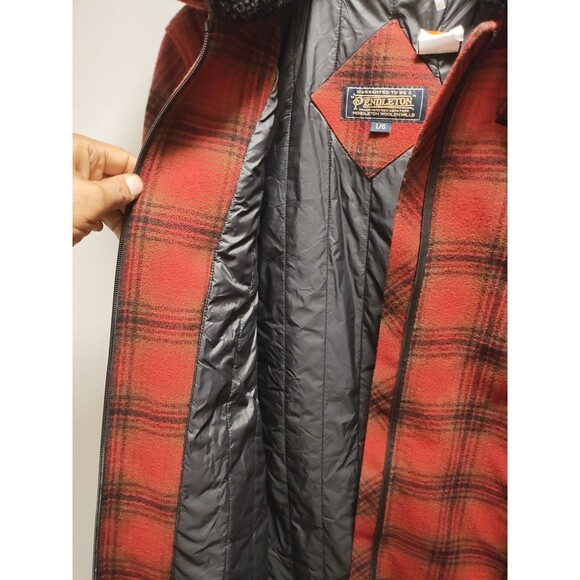 Red Buffalo Check Pendleton Lafayette  Wool  Coat Shearling Collar Womens  L - Picture 10 of 16